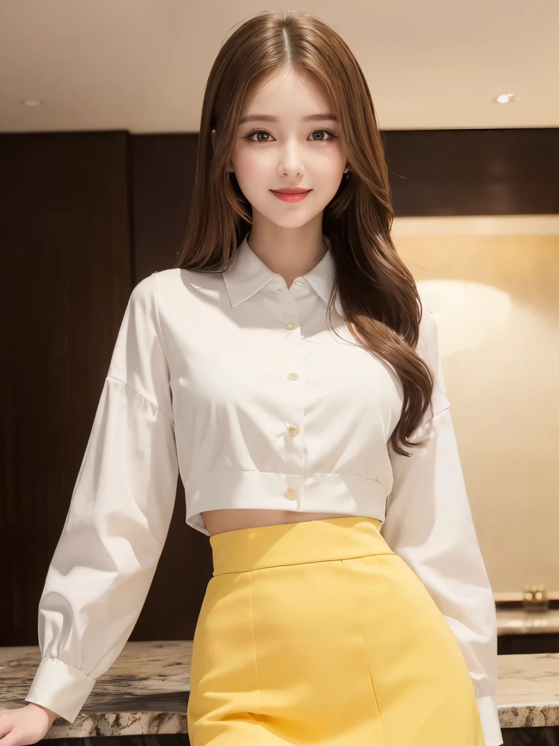 ((Top quality, 8K, Masterpiece: 1.3)), Beautiful girl, Pure, Melon face, Kind and cute, Sweet smile, Pure desire, Slender body, (Front), (Tilted head), ((Looking at camera) ), wearing a casual bright suit and skirt, long straight hair, long flowing shoulders, clear big eyes, moist red lips, sweet, standing, hotel reception background, (waist shot),