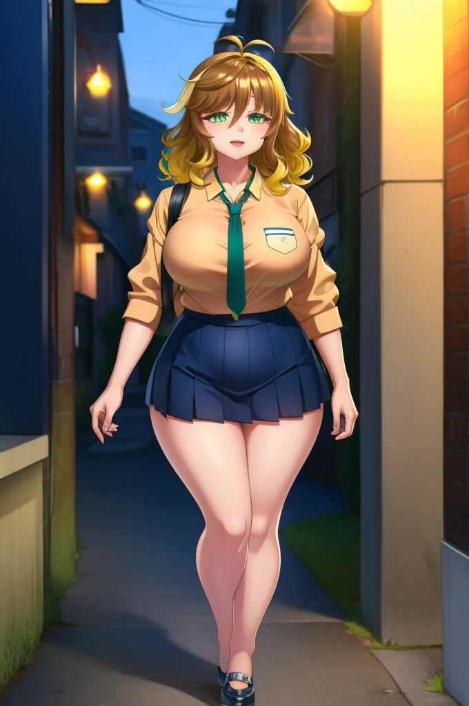 amicia michella - nijisanji, anime style, 1girl, detailed brown short hair, yellow inner hair, wavy thick hair, green eyes, thin lips, painted lips, shy smile face, wide hips, thick thighs, huge round ass, shiny oily breasts, white shirt, navy blue necktie, light blue pleated skirt, plaid pleated skirt, gyaru, full body, night, city, absurdres, high res, ultrasharp, 8K, masterpiece