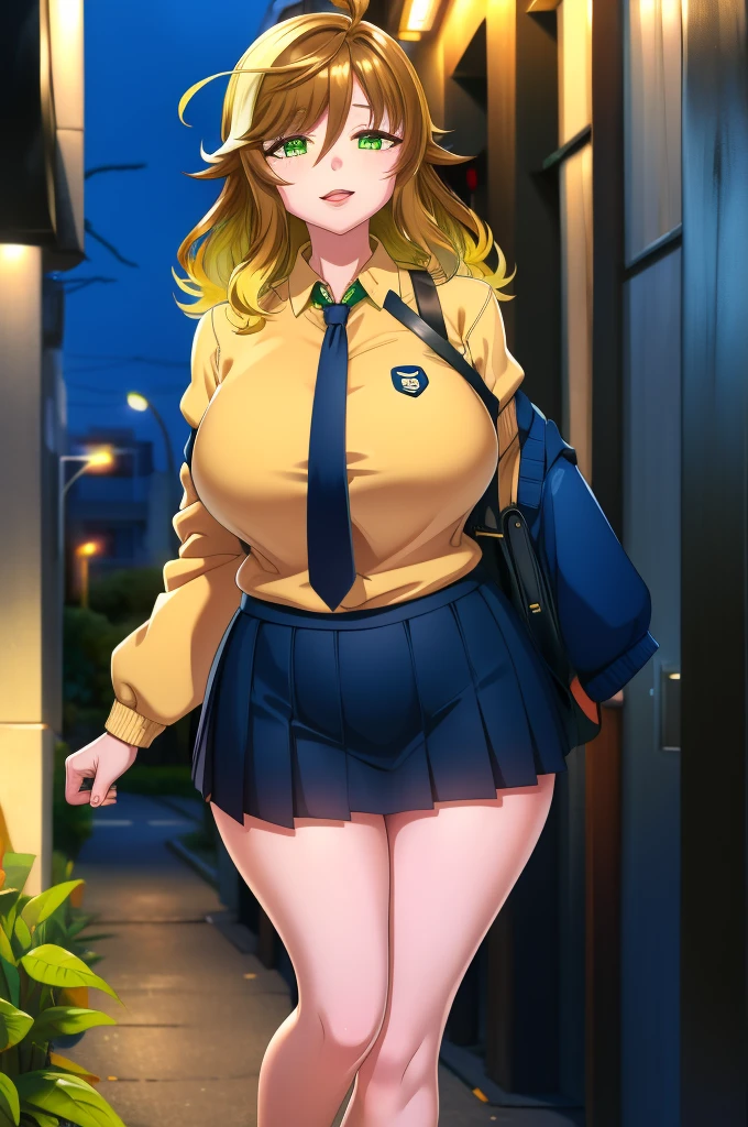 amicia michella - nijisanji, anime style, 1girl, detailed brown short hair, yellow inner hair, wavy thick hair, green eyes, thin lips, painted lips, shy smile face, wide hips, thick thighs, huge round ass, shiny oily breasts, white shirt, navy blue necktie, light blue pleated skirt, plaid pleated skirt, gyaru, full body, night, city, absurdres, high res, ultrasharp, 8K, masterpiece