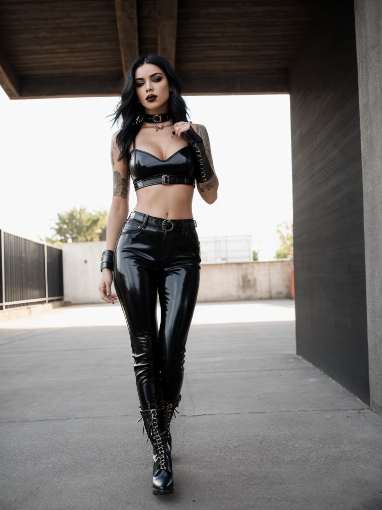 (sexy,edgy,goth girl,slim figure,high black boots,bold hairstyle), (best quality, highres), handsome female,rubber and leather, hip panty,crop top