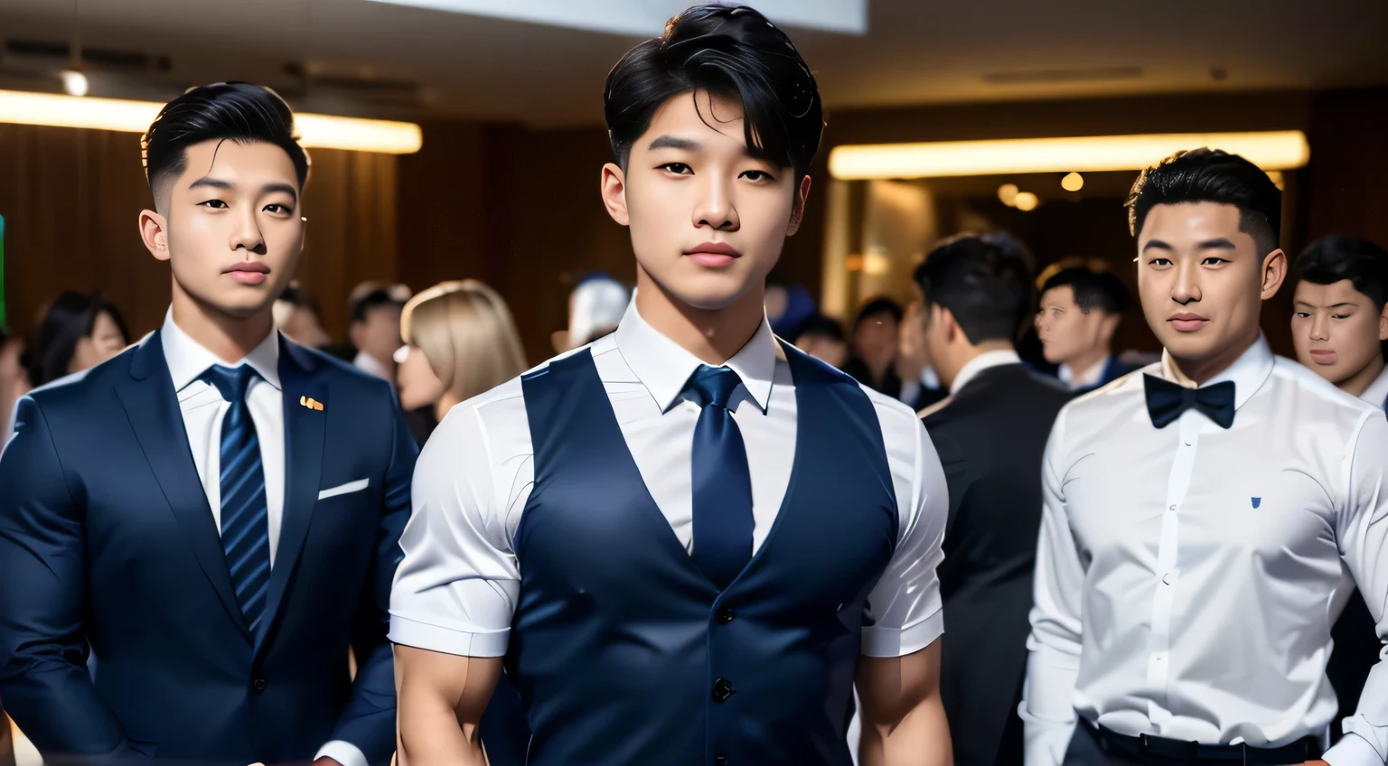 (tmasterpiece: 1.2),(computer generated art:1.3),(actual:1.5),(Post-processing:1.3), (Focus Clear:1.3), 1人, (Suits and ties), navy blue overalls, Young Koreans , Korean men, (high shadows detail), chest muscle, Big arm muscles, blood vessel, large muscle, Wide shoulders, looking at viewert, balance eyes, nightclub, Liman, cafe shop