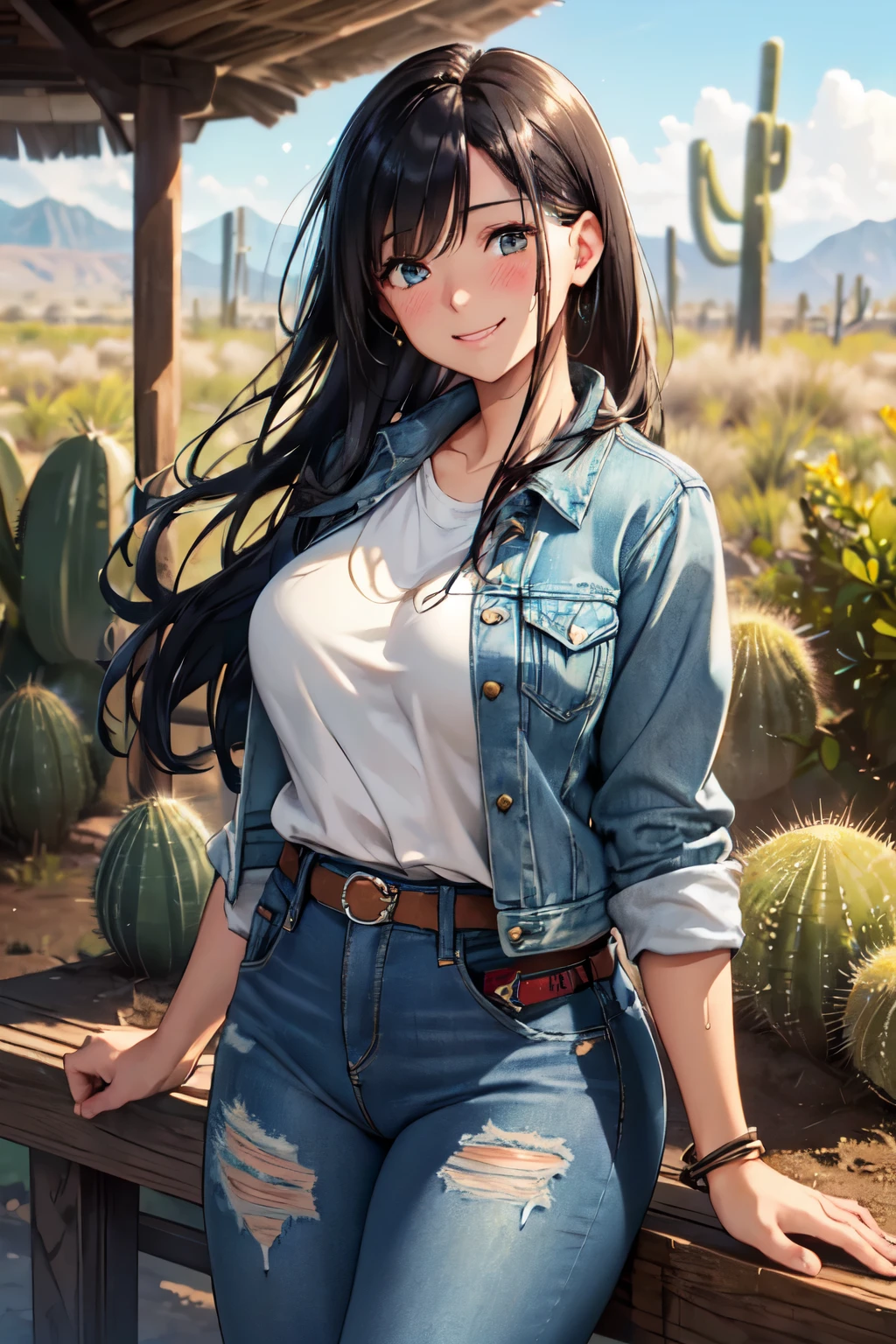 (High quality, High resolution, Fine details), Realistic, Outdoors, (Extensive dry zone:1.4), Wild cactus, Denim Jacket, Denim Pants, Strong wind, solo, curvy women, Flowing black hair, sparkling eyes, (Detailed eyes), smile, blush, Sweat, Oily skin, shallow depth of field