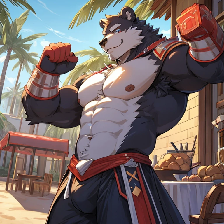 A bear man，wave palm，Meat balls，Stretch your arms