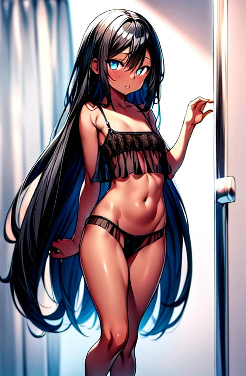 Child, straight black hair, long hair, (curtain parted bangs:1), street, full body, perky nipples, (wide hips:1.2), (see-through camisole:1.2), bright blue eyes, (dark skin:1), shiny skin, standing