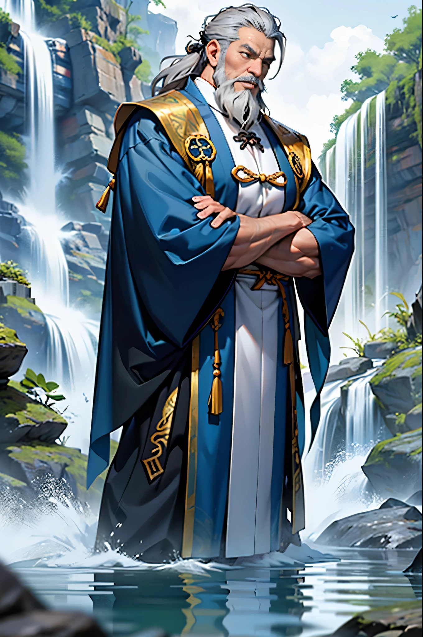 A Taoist priest, wearing a costume, 65 yeas old, gray hair and beard, standing in water, he crosses his arms, Next to it is a barrier formed by water, The background is a waterfall, ultra-wide-angle, tmasterpiece, Anatomically correct, super detailing