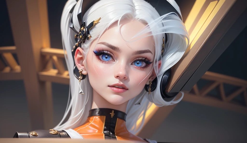 1 girl, beautiful,sharp features,hyper realistic,8k, white hair in high ponytail , strand of hair sticking out, earings that look like screws, seductive features,blue eyes, orange makeup, orange accessories ,detailed realistic hair