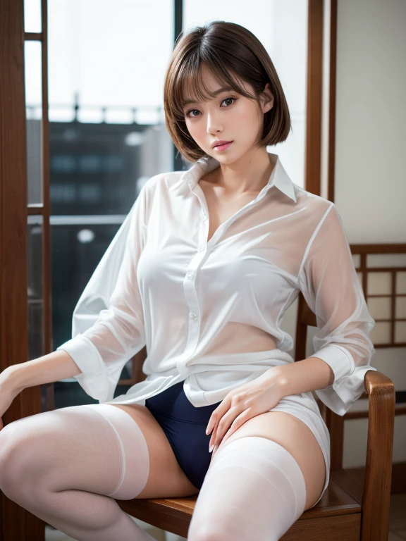 (8k, RAW photo, best quality, masterpiece:1.2),(realistic, photo-realistic:1.4), Correct human fingers, manicure, SIGMA lens, 85mm f/1.4., (hands between legs:1.2), depth of fields, (bokeh:1.3), ultra-detailed, extremely detailed, hyperrealistic, (cute Japanese actress, extremely detailed skin: 1.2), 20 years old, extremely detailed face, detailed hands, beautiful hands, pale skin, brown eyes, embarrassed, (back shot, looking at viewer), big ass, ((see-through white formal shirt)), black stockings, big breasts, navy underwear, simple modern living room, wooden chair, seductive