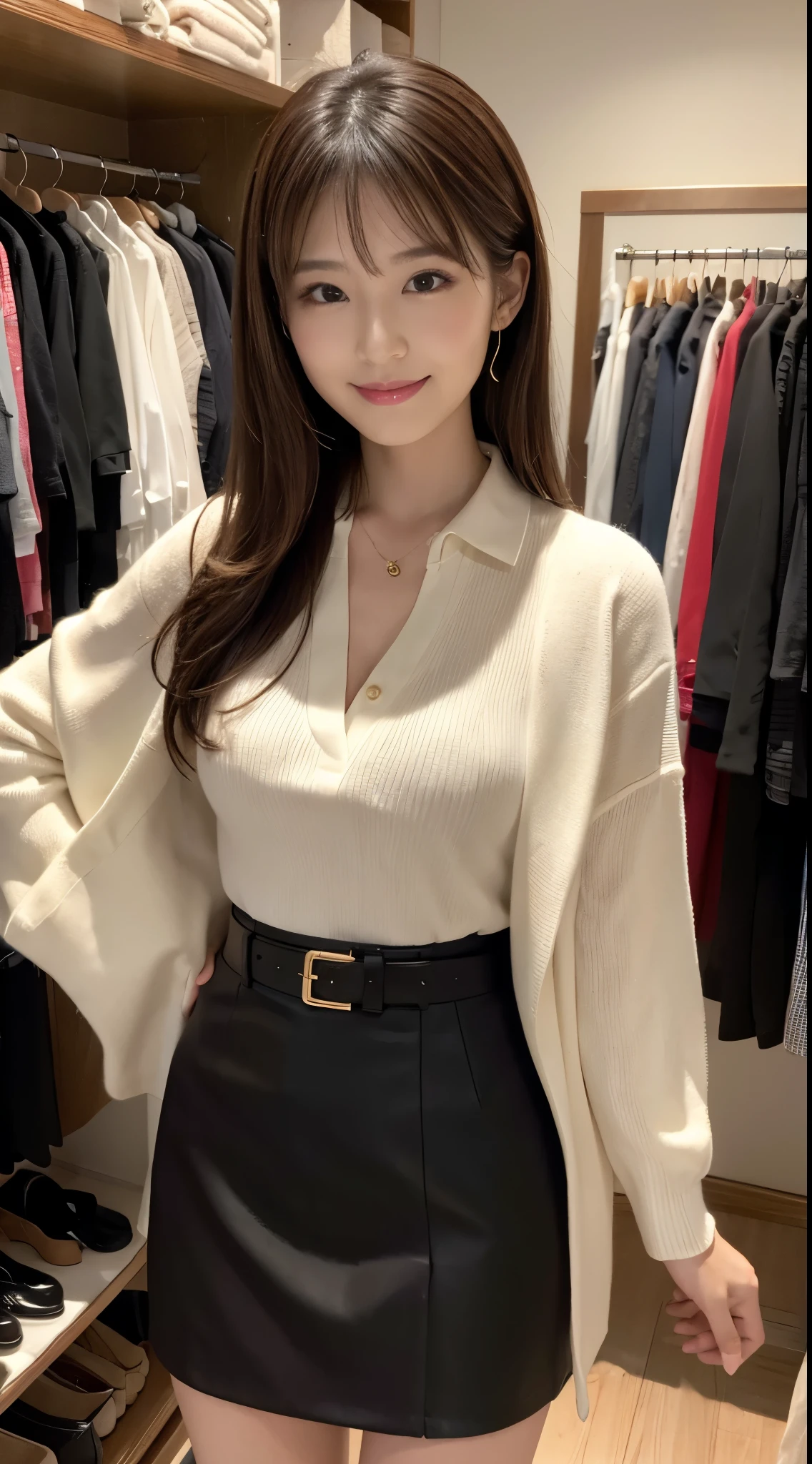 ultra best quality、in 8K、masuter piece、Professionally taken photos,masterpiece,25 year old Japanese sexy girl,The best smile,Looking away,Fancy makeup with red eyeshadow,Officelady,Medium chest,Slender body,black office lady suit(skirt type)、vertically curled brown hair、eye glass、Change clothes in the changing room、Bright dressing room