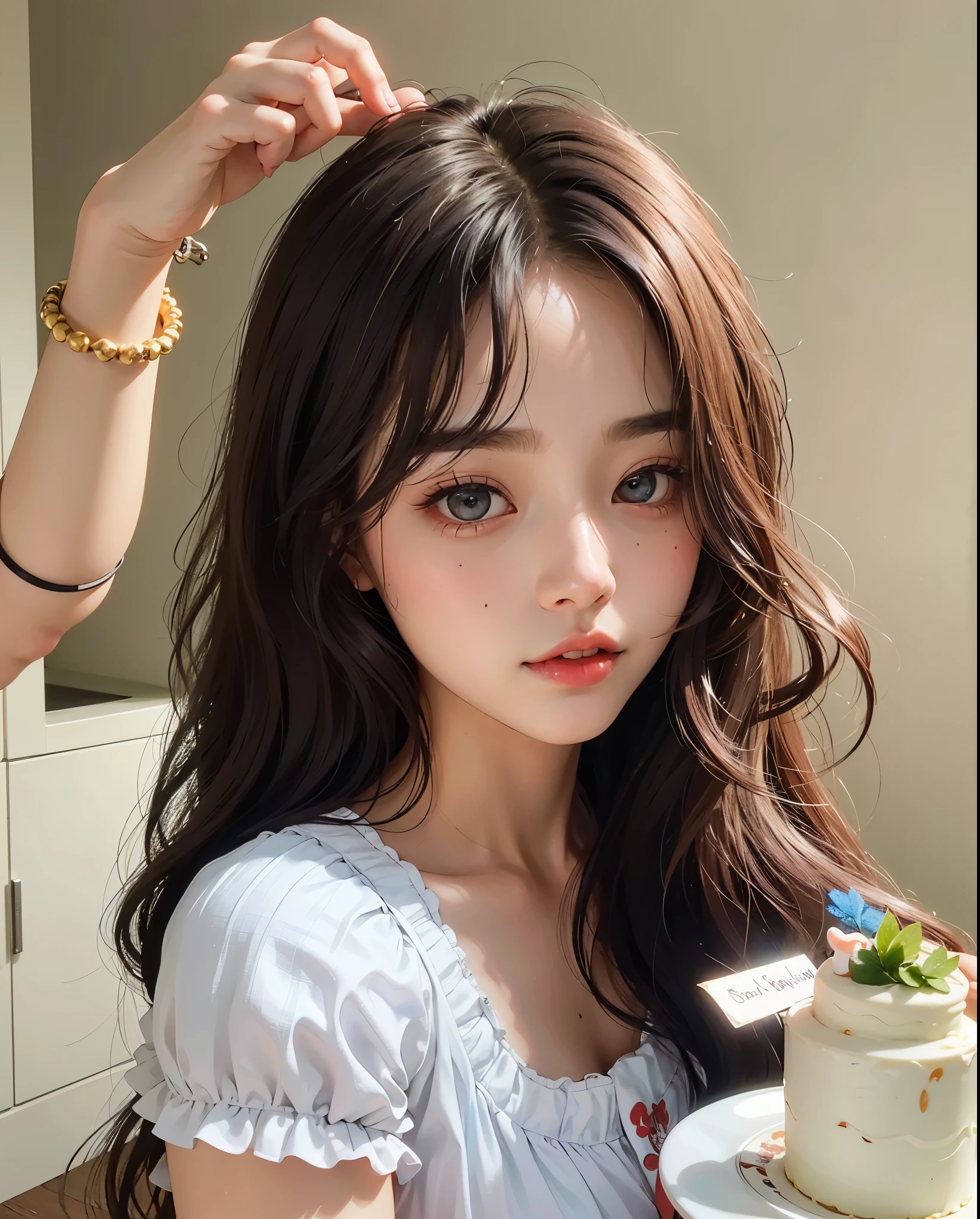 there is a young girl holding a plate with a cake on it, ulzzang, jinyoung shin, korean girl, young adorable korean face, gorgeous young korean woman, white hime cut hairstyle, jaeyeon nam, beautiful young korean woman, beautiful south korean woman, young and cute girl, wan adorable korean face, bae suzy, popular south korean makeup, with long hair