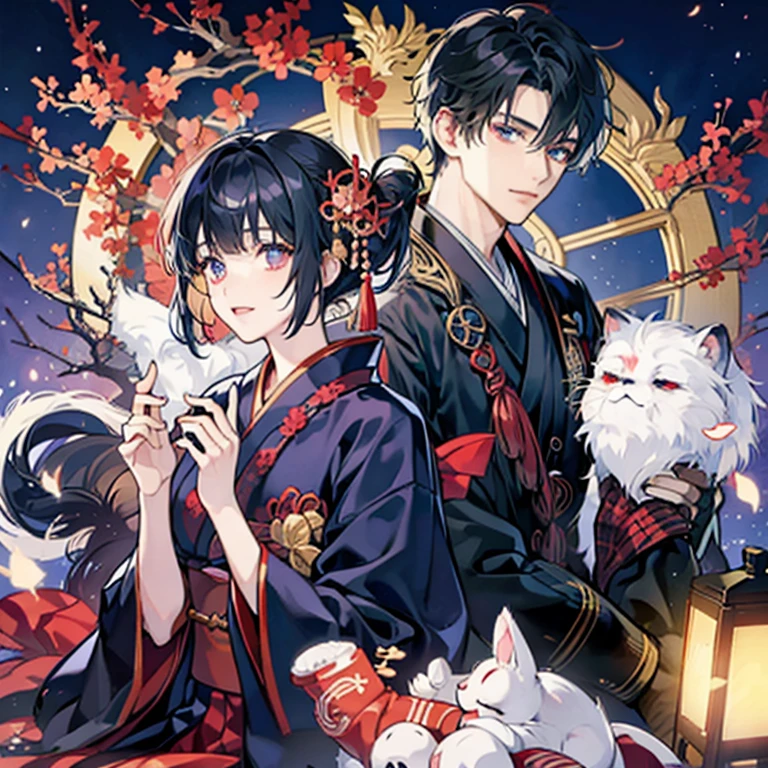 black-haired man and woman hugging each other,anime guy with short hair and red eyes,Glowing red eyes,kimono, adorable anime poses, Anime girl with long hair and blue eyes,kimono,Glowing blue eyes,a couple,lovey-dovey,ball,A Japanese style,kimono,Japanese dress