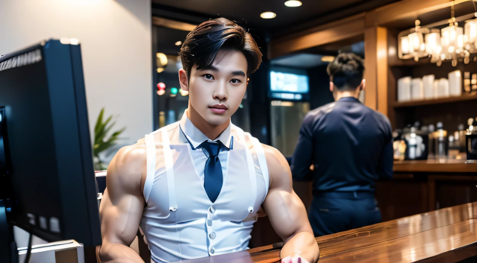 (tmasterpiece: 1.2),(computer generated art:1.3),(actual:1.5),(Post-processing:1.3), (Focus Clear:1.3), 1人, (Suits and ties), navy blue overalls, Young Koreans , Korean men, (high shadows detail), chest muscle, Big arm muscles, blood vessel, large muscle, Wide shoulders, looking at viewert, balance eyes, nightclub, Liman, cafe shop