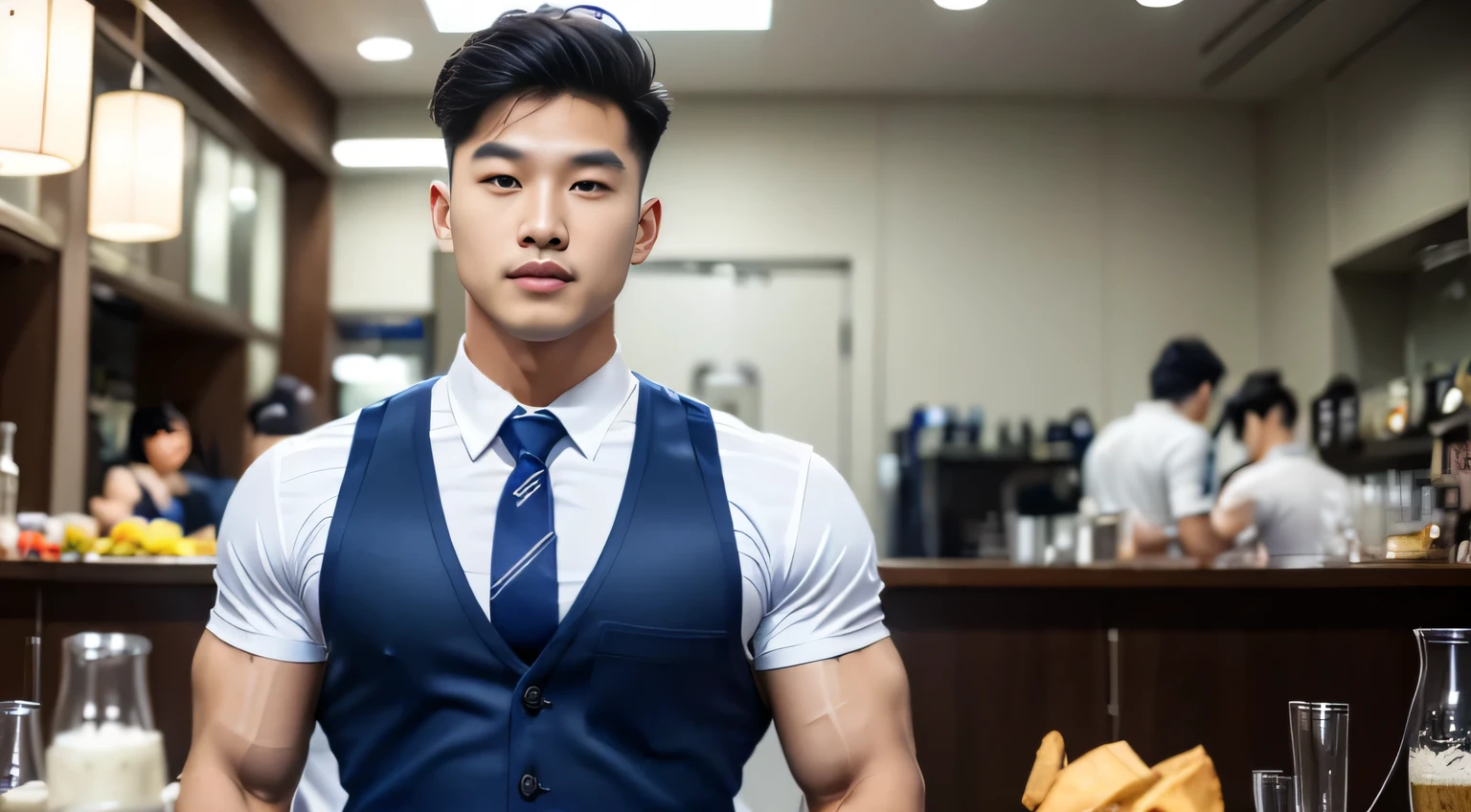 (tmasterpiece: 1.2),(computer generated art:1.3),(actual:1.5),(Post-processing:1.3), (Focus Clear:1.3), 1人, (Suits and ties), navy blue overalls, Young Koreans , Korean men, (high shadows detail), chest muscle, Big arm muscles, blood vessel, large muscle, Wide shoulders, looking at viewert, balance eyes, nightclub, Liman, cafe shop