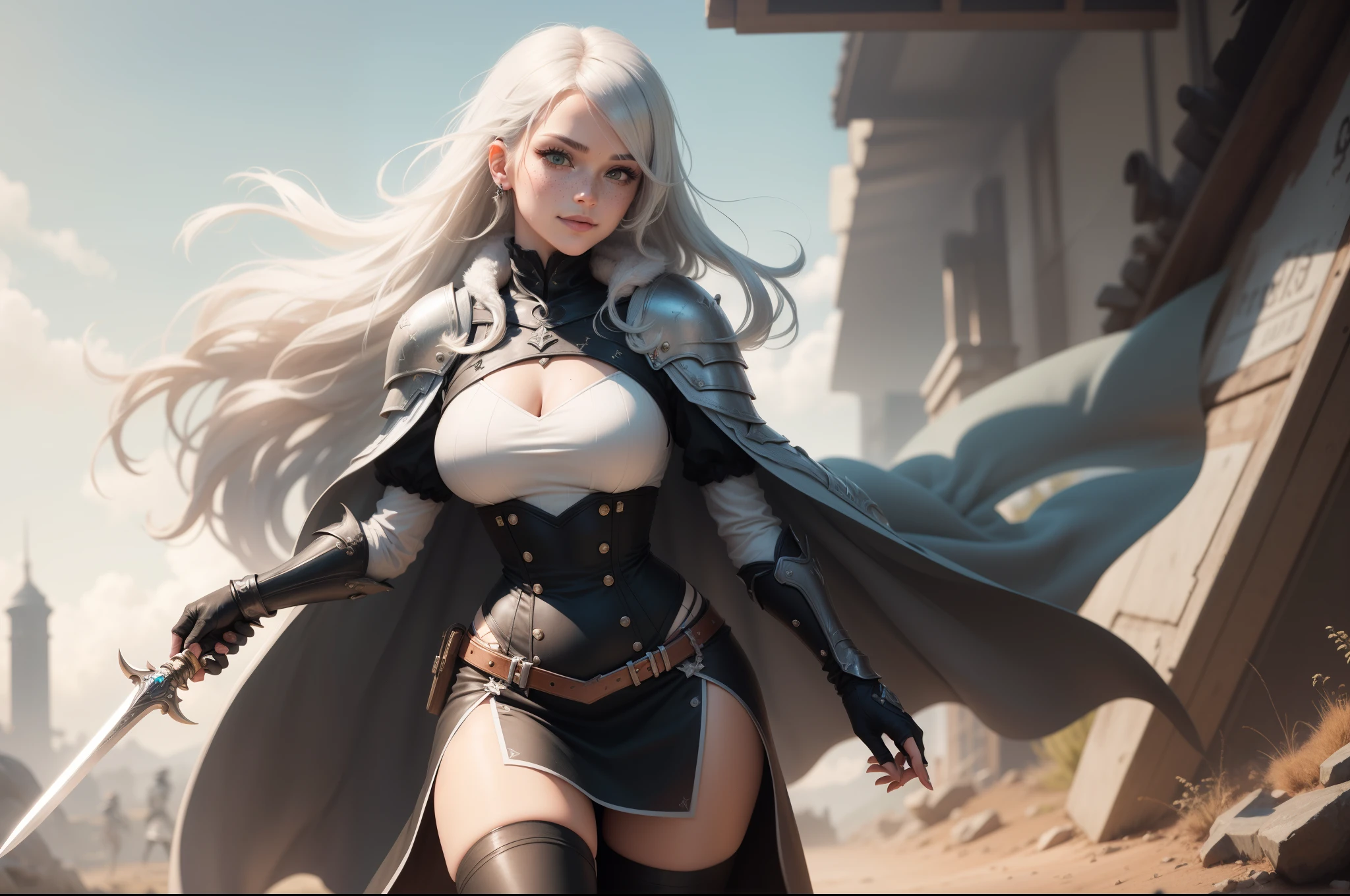 gwen tennyson,1girl,yorha 2b,riven,tracer, overwatch,atelier ryza,close up,battlefield view,tattoos,royal gray and white plugsuit,white short sleeve knight top,royal knight full steel armor,long knight skirt,white knight corset,steel leggings,long hair,princess makeup,green eyes,multicolored silver hair,long dress train,shy smile,freckles,beautiful girl, knight thigh high boots,large breasts,8k,ultra detailed,realistic,fantasy art,steel knight uniform,queen gown dress,hair pin,ear piercings,snowflake hand and neck jewelry,(weather:windy),long gray knight cape,holding a sword on each hand,(pose:ready to attack),