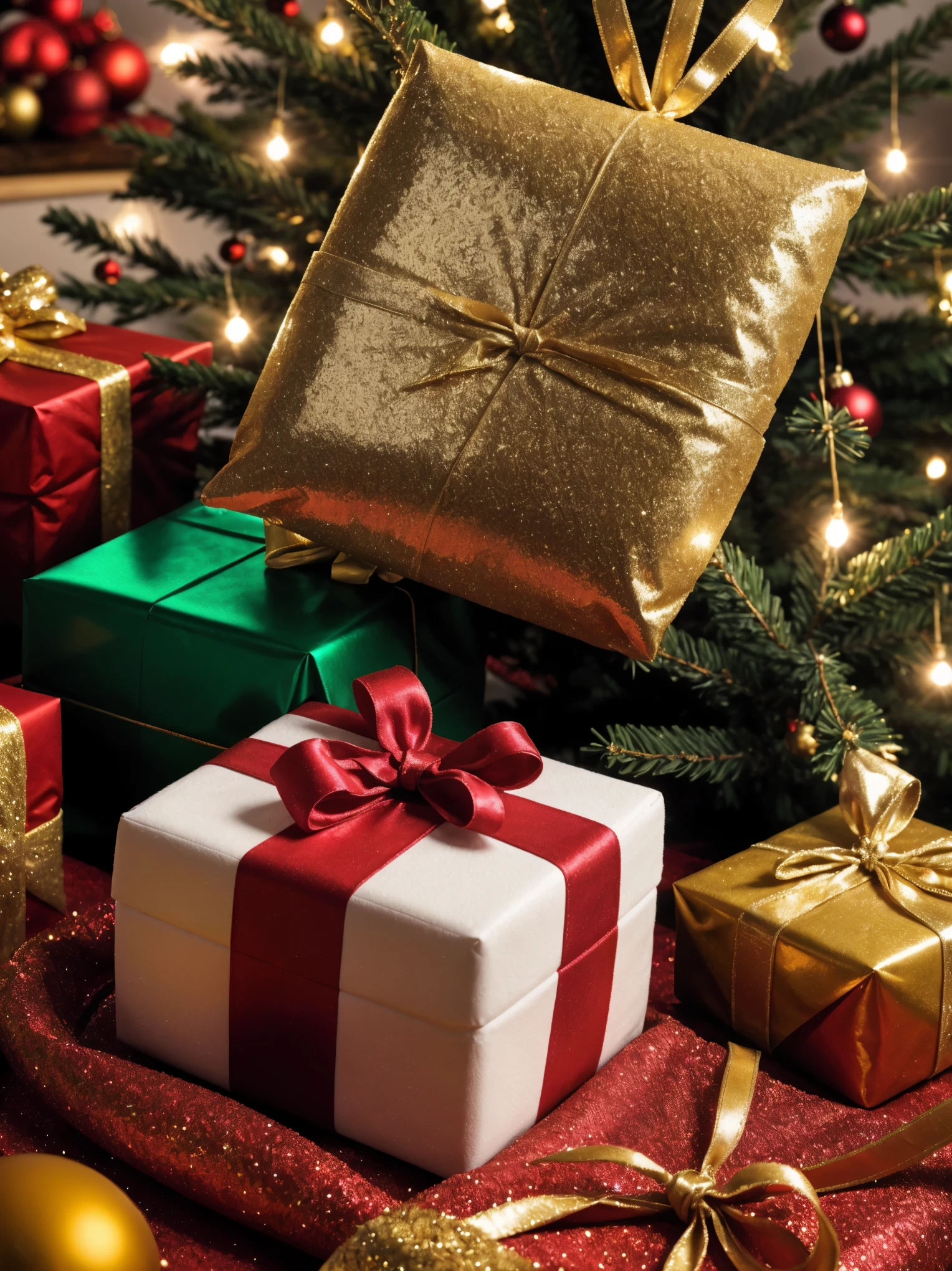 (Masterpiece in maximum 16K resolution:1.2),(((intricate detail:1.4))), (((extremely insane detail:1.4))),(((highest quality:1.3))), (((Soft colors of highly detailed digital art:1.3))). | ultra-detailed,realistic,gifts,table,Christmas tree,decorations,wrapping ,bows,ribbon,presents,holiday spirit,vibrant colors,warm lighting,cozy atmosphere,toys,cards,candles,snowflakes,joyful,celebration,exquisite details,exciting surprises,shiny ornaments,sparkling tinsel,beautifully wrapped,excited children,anticipation,festive mood,magical ambiance,delightful moment,wonderful memories,family gathering,cheerful faces,Christmas magic,extravagant,abundance of presents, studio lighting,sharp focus,physically-based rendering,professional,vivid colors,bokeh.