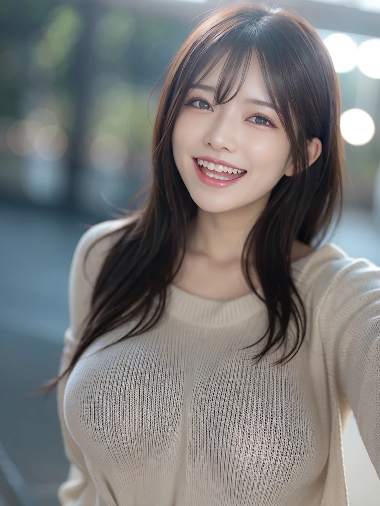 a girl, cosy sweater on, upper body, (huge Laughing:1.1), (open mouth:1.1), (wide open eyes:1.2), sun glare, bokeh, depth of field, blurry background, light particles, strong wind, (heart particles:1.1)