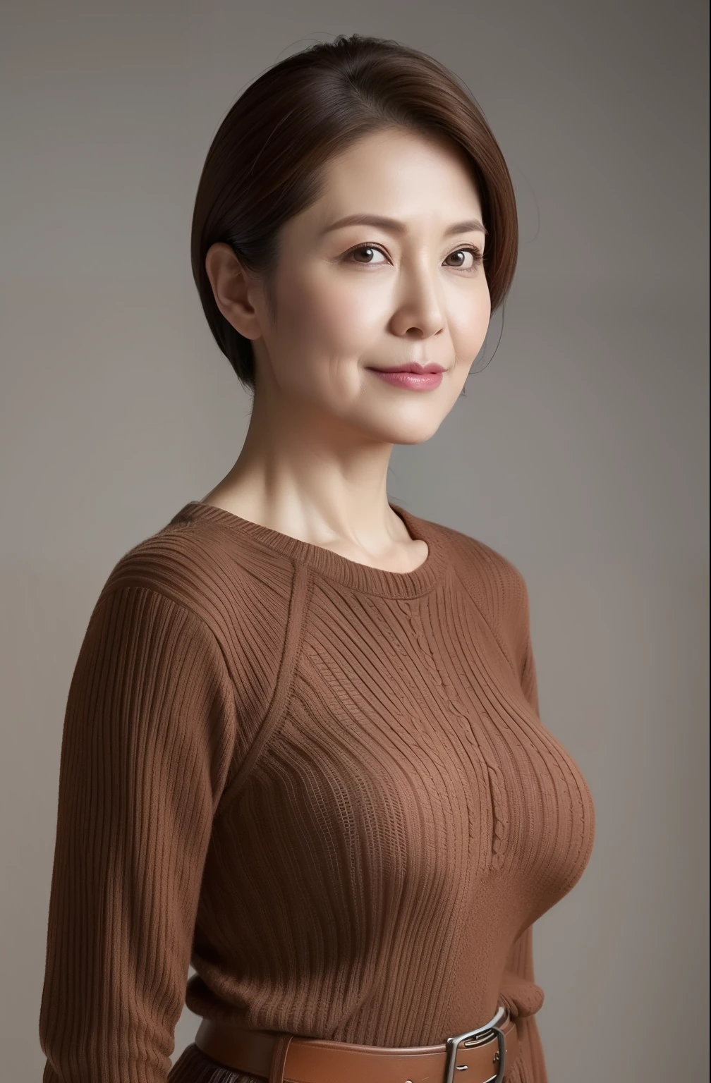 hight resolution, high-level image quality, high detailing, masterpiece, Textured skin, tre anatomically correct, sharp, greybackground((japanese mature, 55 years old)), 独奏, ((Wrinkles on the face)), large breasts with good shape, Straight light brown hair that reaches to the shoulders, chubby figure (((Stand upright, facing the center of the screen.))), Close your mouth and look straight ahead with a serious face, Sweaters, skirt by the, ((cowboy shot)),