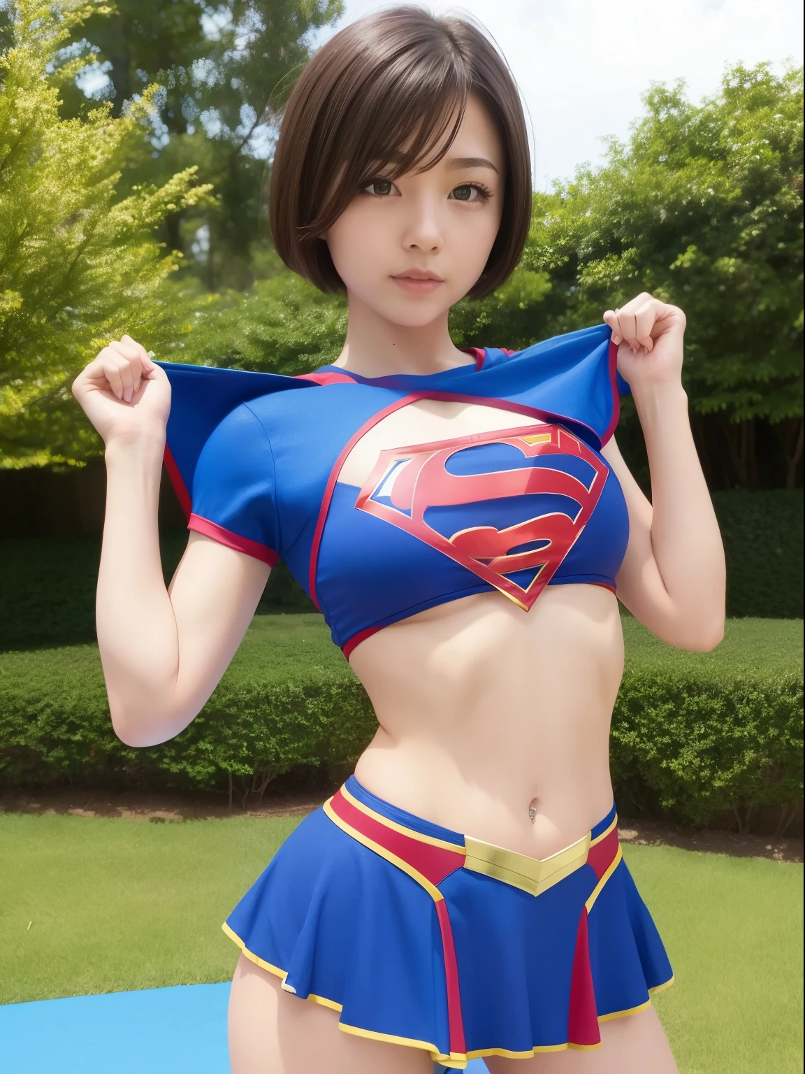 masterpiece、Short-haired Supergirl、Gymnasium、gymnastic suit、bare-legged、Looking at the camera、Large breasts、Too short miniskirt、highleg、yoga pose