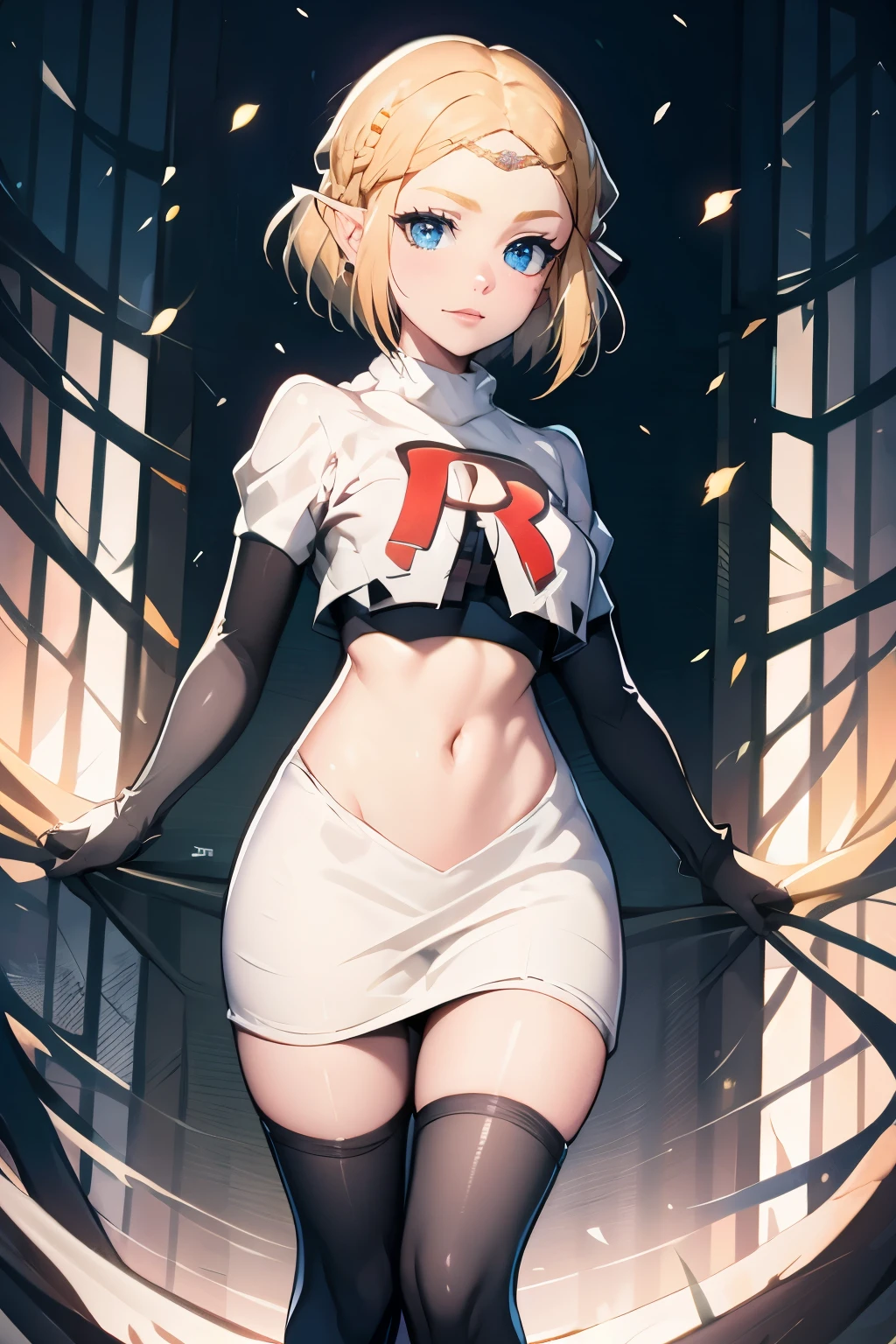 ZeldaTOTK, team rocket,team rocket uniform, red letter R, white skirt,white crop top,black thigh-highs,black elbow gloves, sinister villianess look,