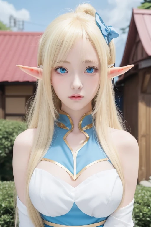 anime girl with blue eyes and blonde hair in a blue dress, she has elf ears and gold eyes, anime girl named lucy, alluring elf princess knight, elf girl, in the anime film, blonde anime girl with long hair, anime visual of a young woman, female anime character, anime goddess, beautiful alluring anime , today's featured anime still