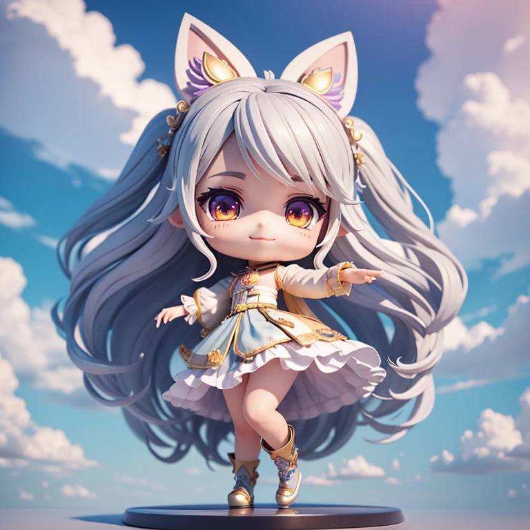 masterpiece, bestquality, lots of details, (Full body:1.2), chibi, สาวclouds, clouds, sky, rainbow, Gray Hair, long magician costume, vibrant, Hand Details, five fingers, s big eyes, smile, 3D rendering, Q typing style