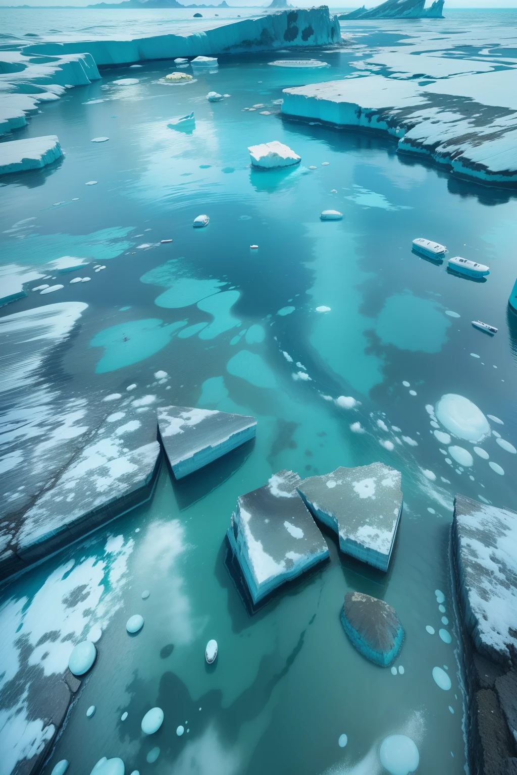 down view, evacuate , Turquoise sea, Yuki, There is scum on the water surface, hyper HD, retinas, tmasterpiece, acurate, high detal, high qulity, A high resolution