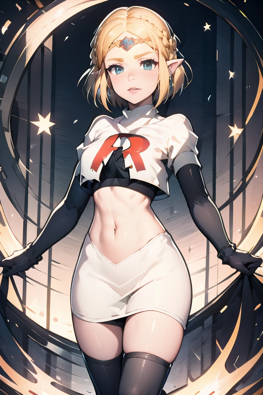 ZeldaTOTK, team rocket,team rocket uniform, red letter R, white skirt,white crop top,black thigh-highs,black elbow gloves, sinister villianess look,