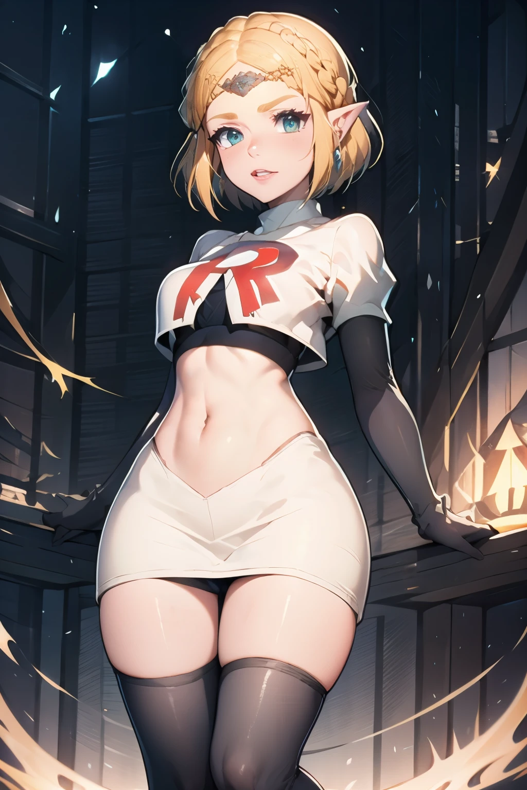 ZeldaTOTK, team rocket,team rocket uniform, red letter R, white skirt,white crop top,black thigh-highs,black elbow gloves, sinister villianess look,