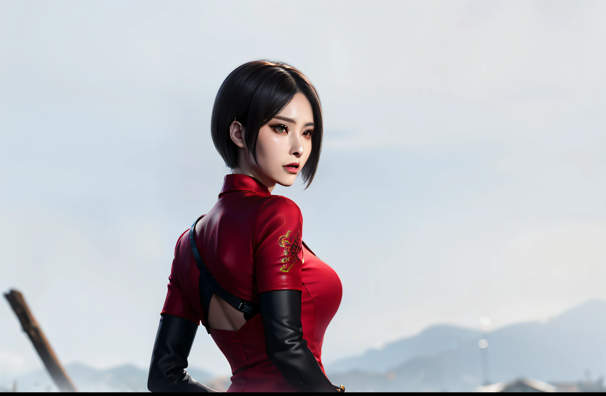 Backless woman,King Ada，Red clothes，Nice face，Clear  eyes，wearing red cheongsam, Silk fabric,Atty Modern Animation. angle view, Heroic pose, Stunning beauty face closeup portrait (《Resident Alvin》Huang Aida《heroic brave lady》, The wind blows short black hair, Slim, well decorated、Detailed red dress, red high heel pumps,action portrait, realistically. 电影灯光, The content is very detailed. Best quality, 4K,