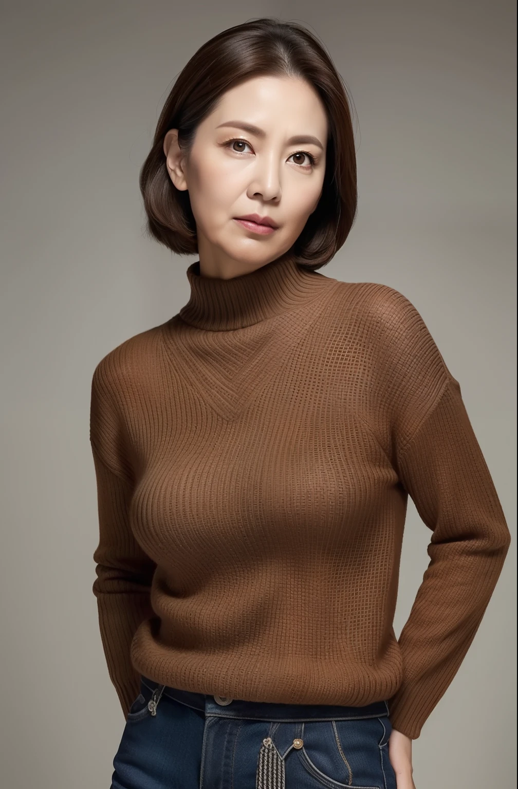 hight resolution, high-level image quality, high detailing, masterpiece, Textured skin, tre anatomically correct, sharp, greybackground((japanese mature, sixty years old)), 独奏, ((Wrinkles on the face)), large breasts with good shape, Straight light brown hair that reaches to the shoulders, chubby figure (((Stand upright, facing the center of the screen.))), Close your mouth and look straight ahead with a serious face, Sweaters, skirt by the, ((cowboy shot)),