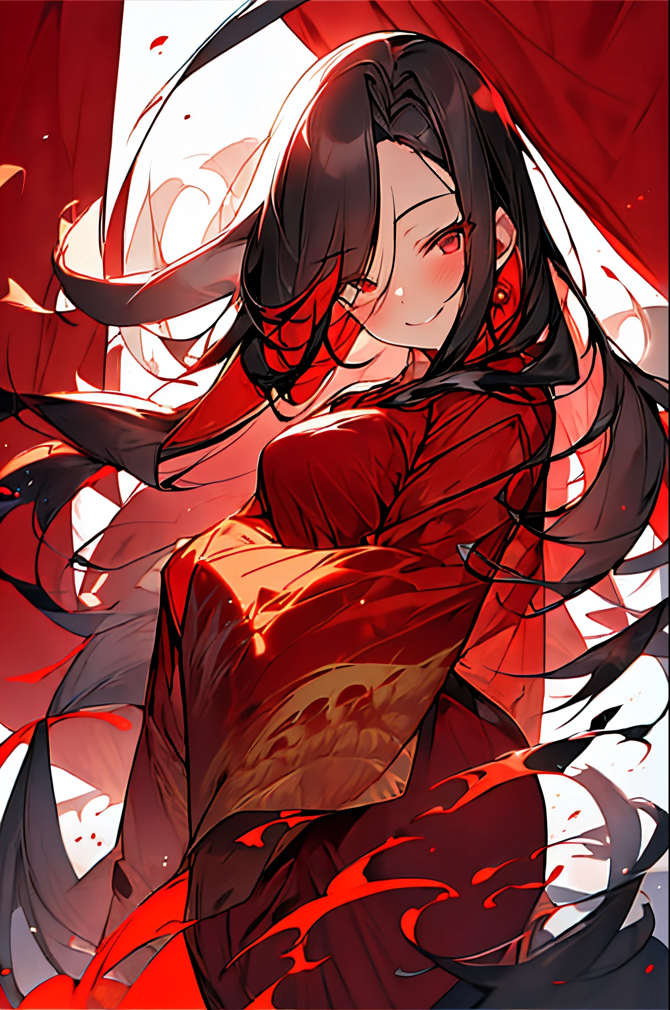 a beautiful woman, long hair, looking at viewer smiling, red nightdress, sun light