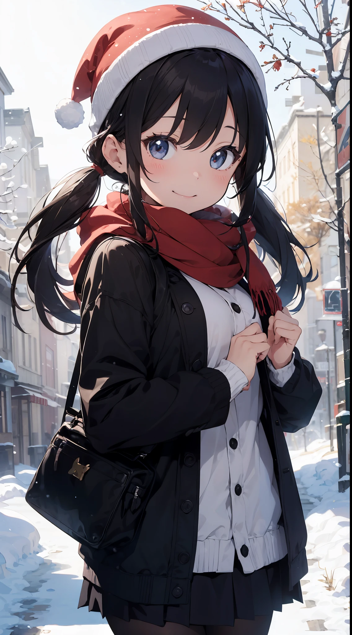 Illustration of a girl making a snowman in a snowy landscape。She wears a red coat and black skirt.、Her hair is golden twin tails。She wears a scarf and hat to a snowman.、Smiling happily。White snow and trees on background々there is a、The winter atmosphere is felt。The colors are unified in red and white..、Warmth and cuteness are emphasized。（cuteness：1.5）（Soothing：1.3）（hightquality：1.2）（Ghibli style background：1.0）
