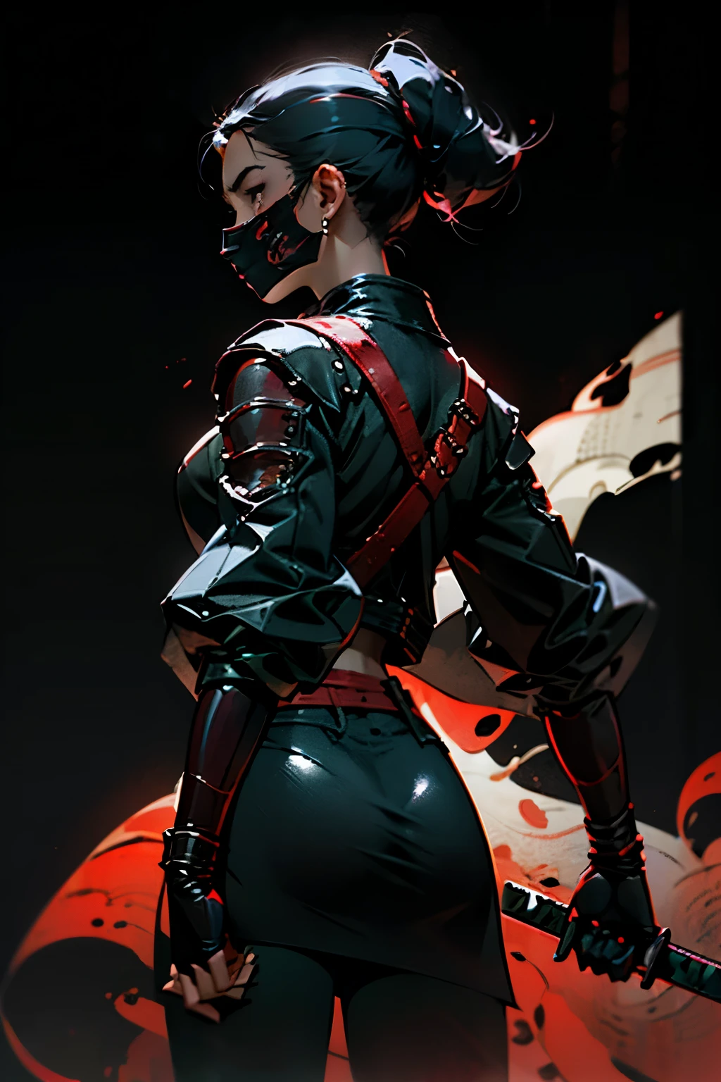 Female shinobi looking back, shot from behind, masked, visible long black hair, with katana, dark padded outfit with leather and metallic accessories, black and red, dark tones, muted colors, high contrast, hyperrealism, black backdrop, minimal lighting,