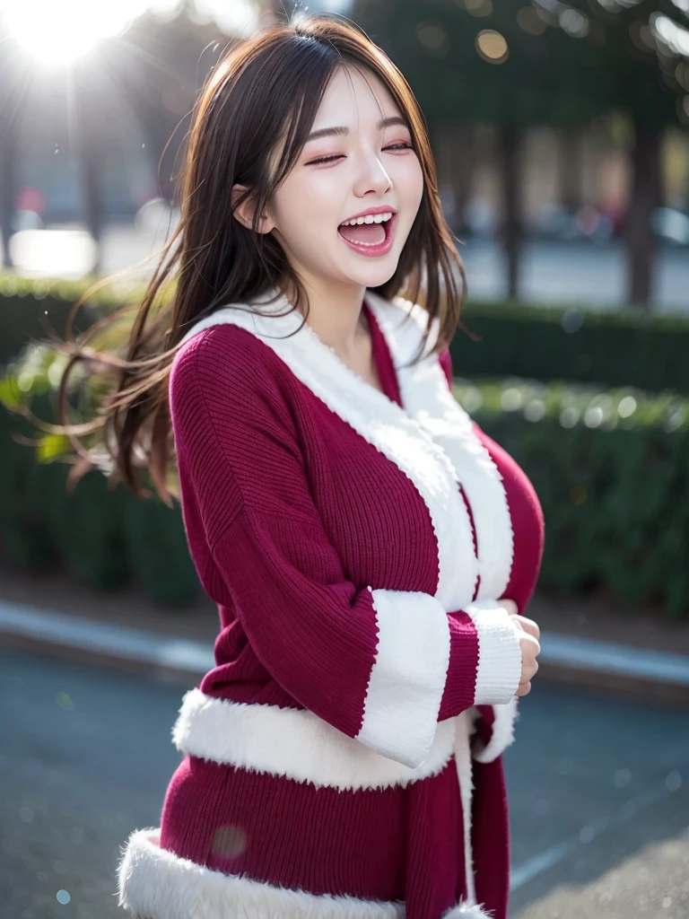girl with、cosy sweater on、The upper part of the body、(Huge laughter:1.1)、(Opening Mouth:1.1)、(widely opened eyes:1.2)、Sun glare、bokeh dof、depth of fields、blurry backround、Particles of light、heavy wind、(Heart particles:1.1)、Santa Claus Costume