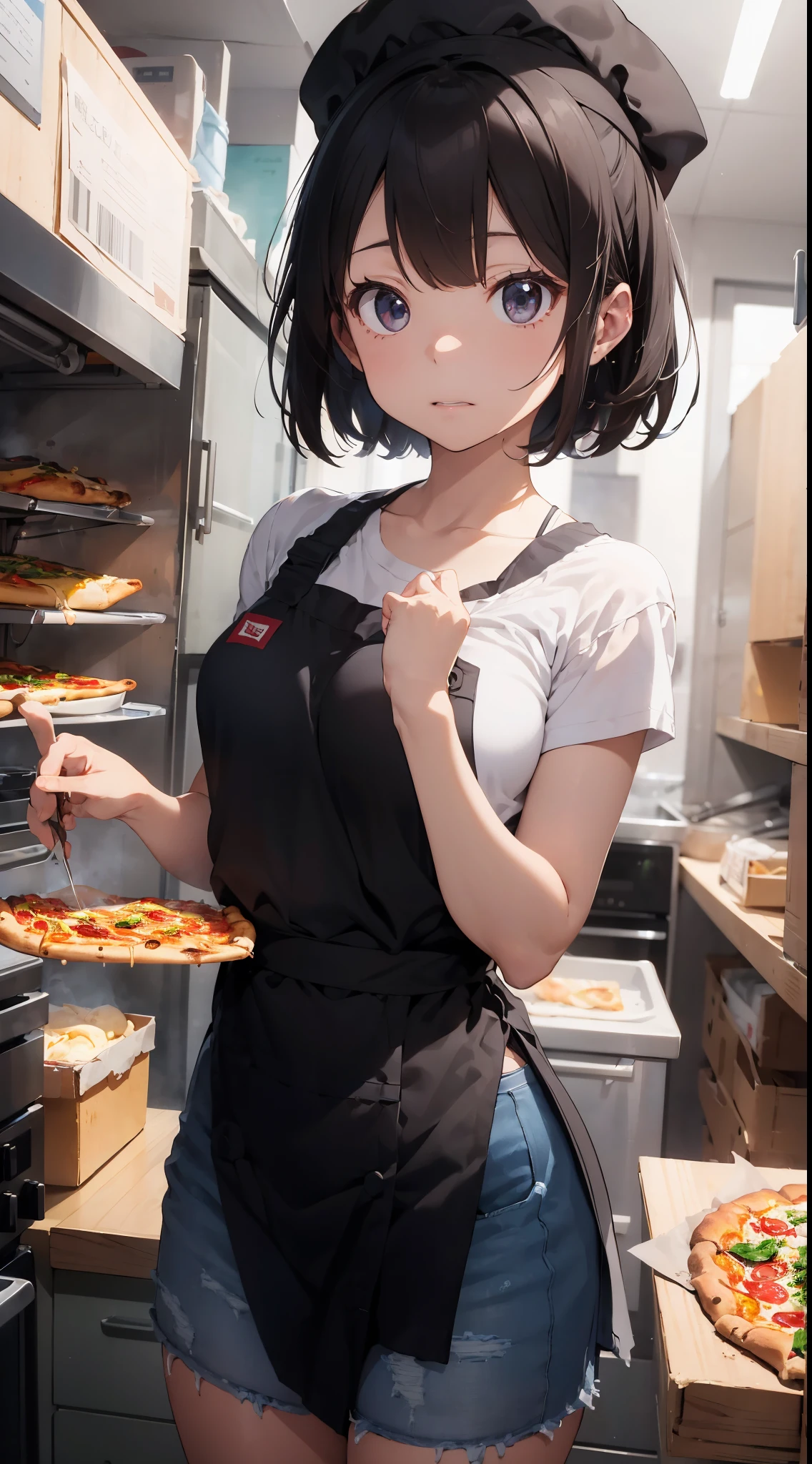Background with: Bright and lively Italian restaurant kitchen。 The walls are covered with red tiles.、A large kiln is emitting heat。 Surroundings々Toppings and seasonings are lined up.。 Character 1 : Pizza chef。 He wears white chef's clothes、He wears a chef hat on his head。 He is stretching the pizza dough with both hands while deftly turning it。 Character 2 : kawaii girl。She has short hair and、Hair color is brown。Wearing a simple t-shirt and denim skirt。彼女はPizza chefの動きに夢中で、Staring with eyes wide open。 Facial expressions and eyes: The girl's eyes were spinning.、Has a calm expression of surprise and excitement。 Poses: The girl stopped a step back、Balancing。One in front of the chest、the other hand is extended back。Her posture is、Looks as if you're about to fall。 styles: Bright and pop atmosphere。 Pizza chefの動きや女の子の反応が強調されている。