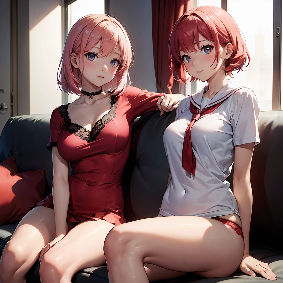 (top-quality,High resolution,(Ultra high definition,4K), (超A high resolution,in 8K),masutepiece:1.2), (Perfect Anatomy,Anatomically accurate), (Angle from below), (Soft lighting, rendered), ((cute mother and daughter)), ((Sitting on a sofa in the lobby of a luxury hotel,Open legs left and right)), ((High School Sailor Uniform)), (Red lace panties), (fascinated expression), (Crisp double eyelids), (Large breasts:1.3), (Soft skin), (Photorealistic), (Glowing skin), (pinkhair), (Pixie Cut)