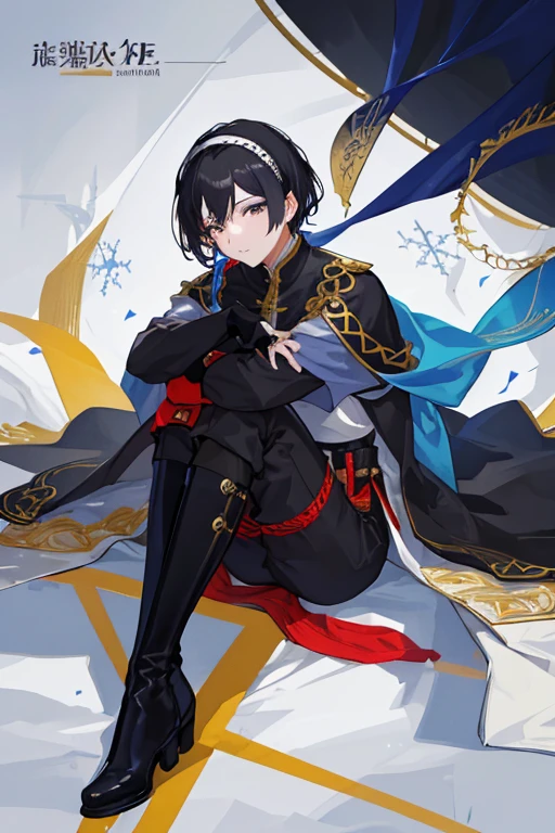 （（tmasterpiece：1.4，Best quality））++，（hyper-detailing）+，（Best quality，hyper-detailing，vivd colour，rich colourful，That's itmic angle，hight contrast：1.2），A boy with，Height approx. 170cm，with short black hair，Dark blue hairband worn behind the head，The left eye is blue，The right eye is golden，中式与现代风格相结合的garments，One long sleeve and one short sleeve，Black boots&#39;no higher than knee，a black cloak，Saber at the waist，Looks proud，black long pants，Wear black fingerless gloves，Draw the whole body in the picture，Bangs parted in the middle and rolled inward，Stars and snowflake elements on clothes，secondary disease，Fashionab， with That's itmism， garments， placed in a， Street， rich colourful， That's it， Background with， element in， self-assured， expressed， statement， fittings， A majestic， coilloor plan about the， Scenes， Cover of a， boldness， attention-grabbing，Fashionab， typeface， Catchy， attention-grabbing现代日， Fashionab， focal， Fashionab，delicated face，exquisite facial features，National tide，Modern ethnic style background