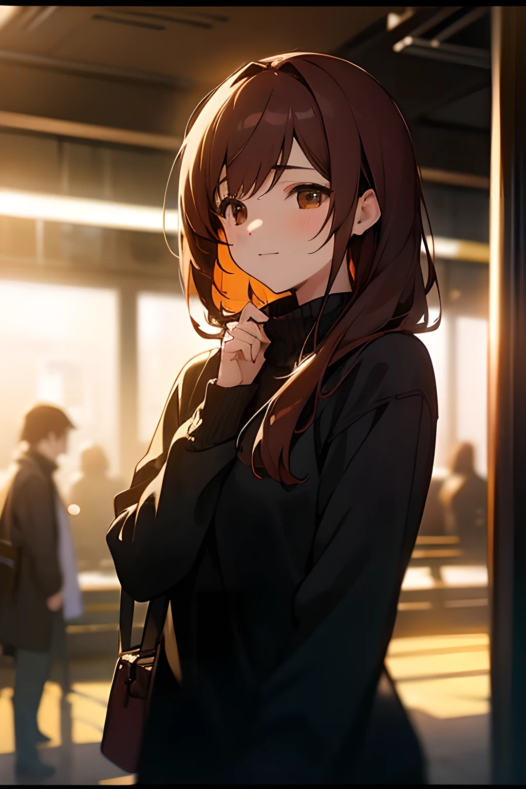 Best Quality, masutepiece, 1girl in, a serene smile, Black sweater, reddish brown hair, subway station, Dramatic Lighting, Soft Focus, depth of fields, --auto
