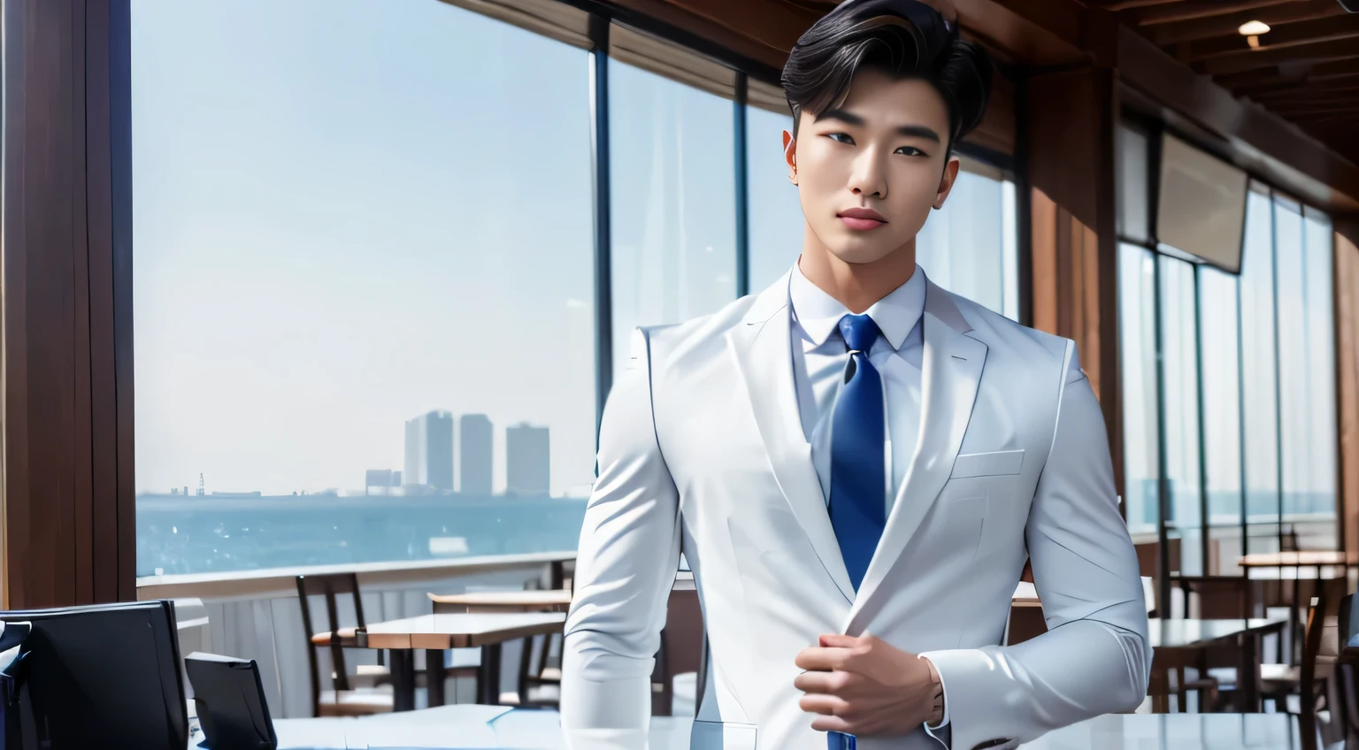 (tmasterpiece: 1.2),(computer generated art:1.3),(actual:1.5),(Post-processing:1.3), (Focus Clear:1.3), 1人, (Suits and ties), One-piece suit, Young Koreans , Korean men, (high shadows detail), chest muscle, Big arm muscles, blood vessel, large muscle, broad shoulder, looking at viewert, balance eyes, nightclub, ports, cafe shop