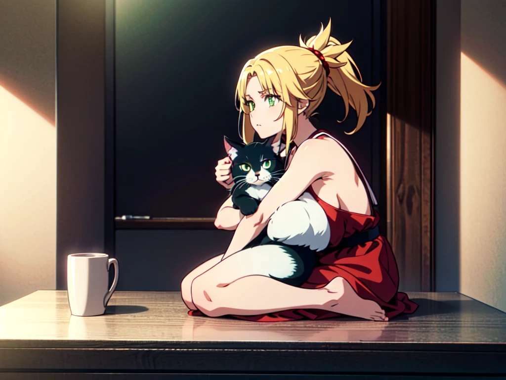 mordred, (green eyes:1.5), incomparable masterpiece, ultra 8k CG, perfect art, blonde hair, ponytail, high res, ultrasharp, 8K, ultra high resolution, beautiful detailed eyes, hyper-extreme details, best quality, perfect illustration, an extremely delicate and beautiful, extremely detailed, full body, CG, 8k wallpaper, amazing, finely detailed, official art, huge file size, ultra detailed, extremely detailed, beautiful detailed girl, extremely detailed eyes and face, a cat, hugging a cat
