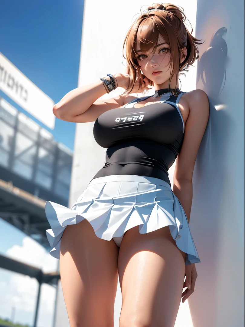 (Best Quality, masutepiece),ultra detailed photographic,1girl in, Female tennis athlete ,fluttering skirt,Large breasts,nice legs,At the tennis venue,Detailed beautiful face,Beautiful eyes,detailed hairs,detailed  clothes,Detailed realistic skin,Cool,Dynamic Angle,