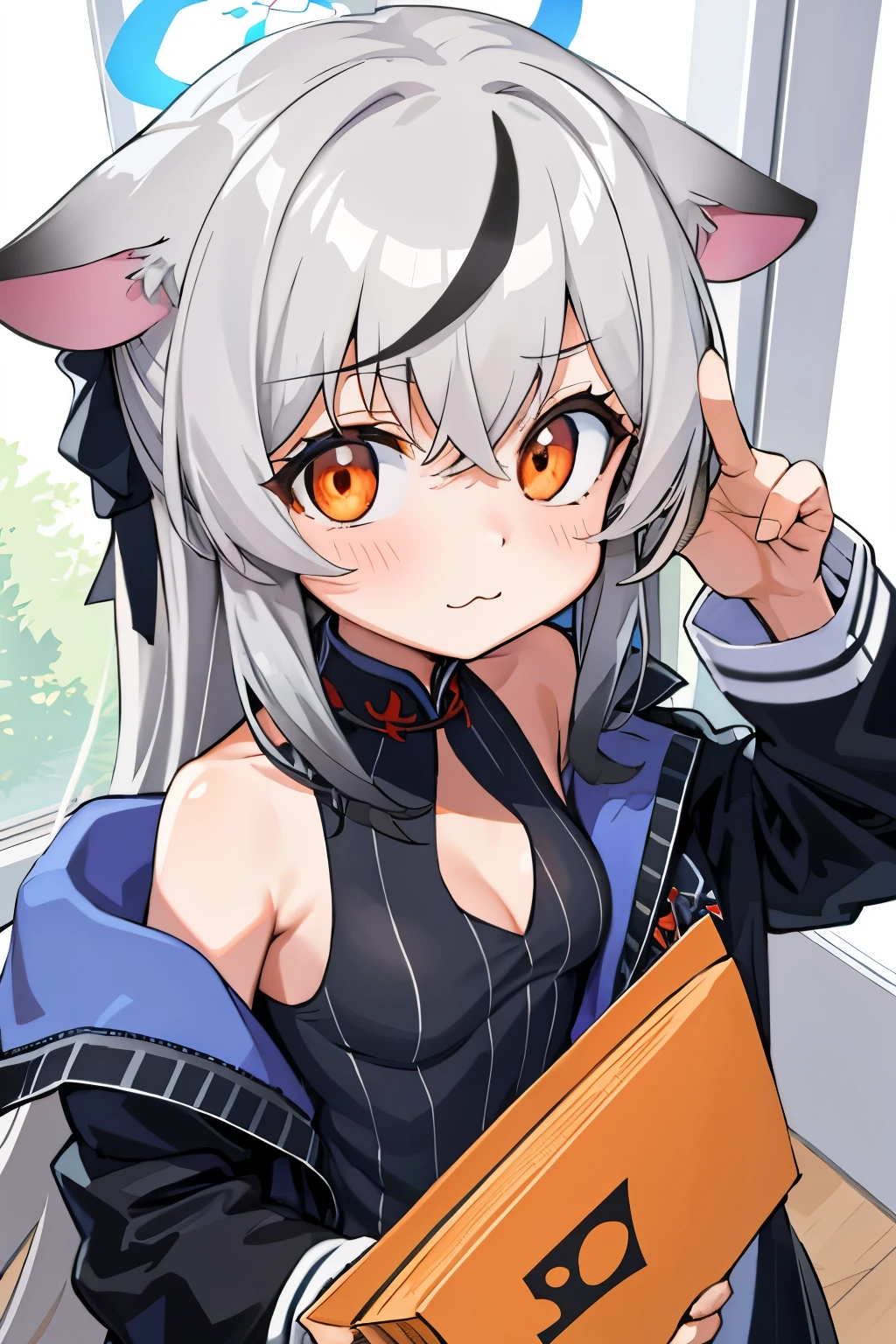 tmasterpiece, best qualtiy, ultra - detailed, 1girll,Gray hair Kokona, inside in room, Orange eye, :3,the face, closeup cleavage, at school