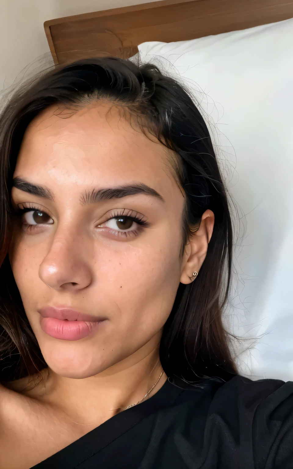 photorealistic, sharp focus, raw photo, photo, beautiful 20 y.o latina-spanish girl, selfie, black tshirt, detailed skin poreace texture, pores, (goosebumbs:0.7), dynamic pose, looking at camera, face focus, taken with iphone 14 camera,selfie in bed showing body