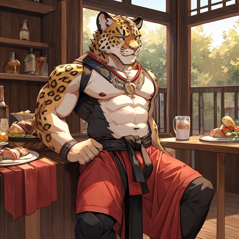 A leopard,Martial artist,Meat balls,detailed detail