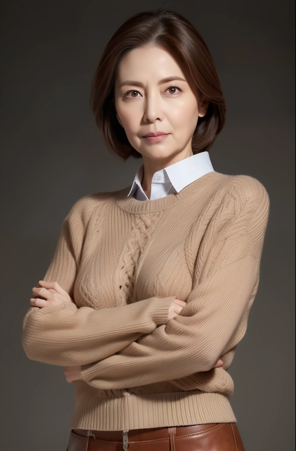 hight resolution, high-level image quality, high detailing, ​masterpiece, Textured skin, tre anatomically correct, sharp, greybackground((japanese mature, sixty years old)), 独奏, ((Wrinkles on the face)), large breasts with good shape, Straight light brown hair that reaches to the shoulders, chubby figure (((Stand upright, facing the center of the screen.))), Close your mouth and look straight ahead with a serious face, Sweaters, skirt by the, ((cowboy  shot)),