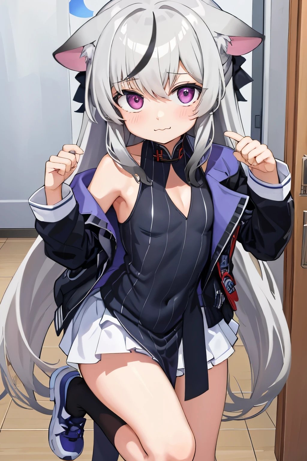 tmasterpiece, best qualtiy, ultra - detailed, 1girll,Gray hair Kokona, inside in room, Purple eye, :3,the face closeup cleavage, at school