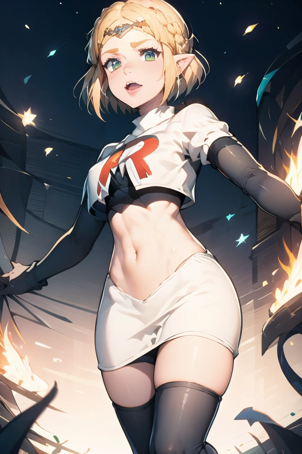ZeldaTOTK, team rocket,team rocket uniform, red letter R, white skirt,white crop top,black thigh-highs,black elbow gloves, sinister villianess look,