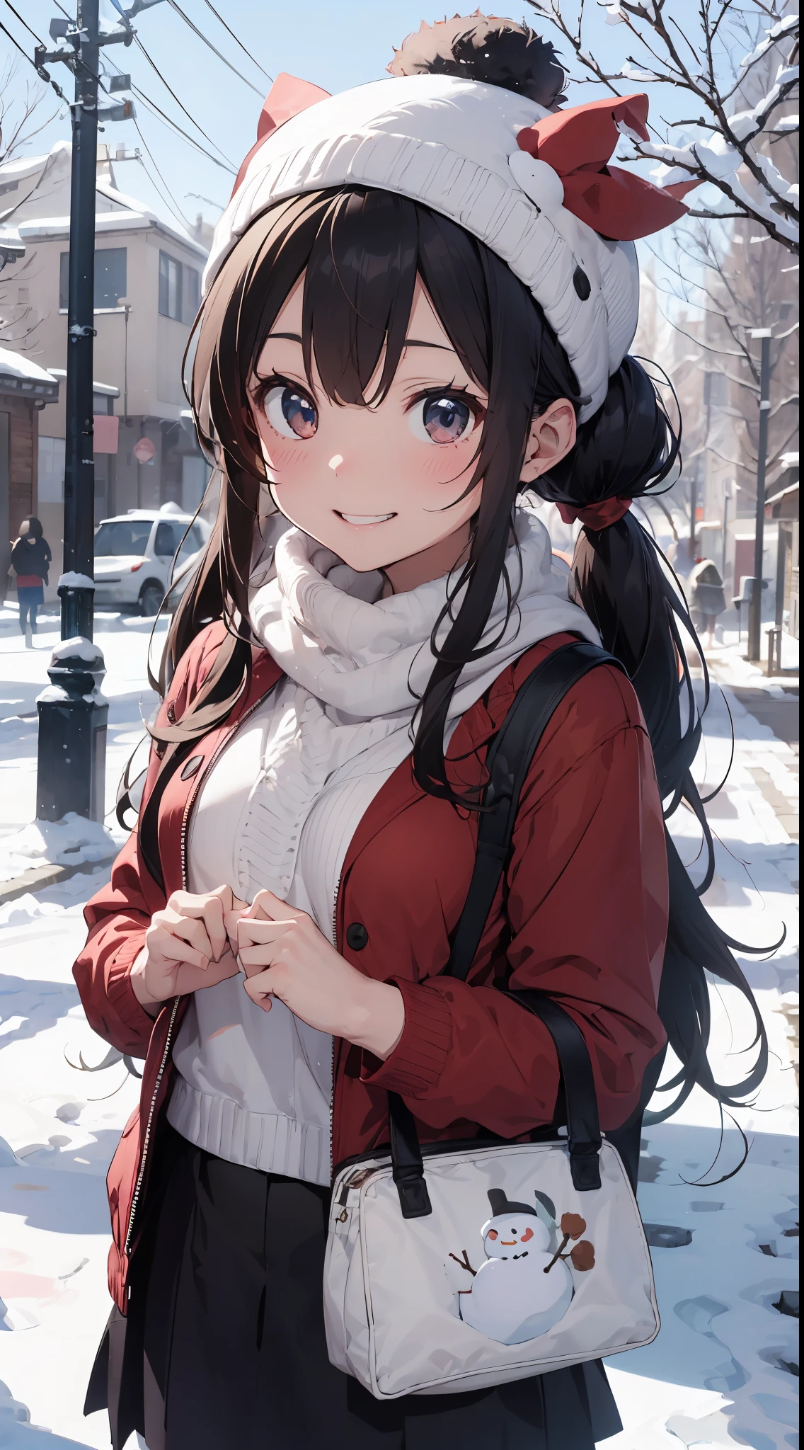 Illustration of a girl making a snowman in a snowy landscape。She wears a red coat and black skirt.、Her hair is golden twin tails。She wears a scarf and hat to a snowman.、Smiling happily。White snow and trees on background々there is a、The winter atmosphere is felt。The colors are unified in red and white..、Warmth and cuteness are emphasized。（cuteness：1.5）（Soothing：1.3）（hightquality：1.2）（Sketched：1.0）