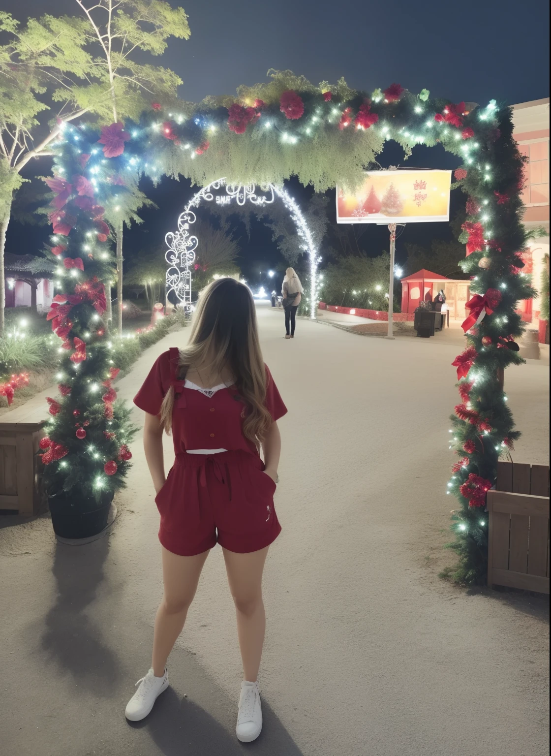 there is a woman standing in front of a decorated arch, photo taken at night, holiday vibe, Directed by: Nandor Soldier, usando uma roupa vermelha, 1614572159, holiday season, red overalls, Lorena Avarez, vestindo shorts vermelhos, by Amelia Peláez, em uma floresta de doces! at night