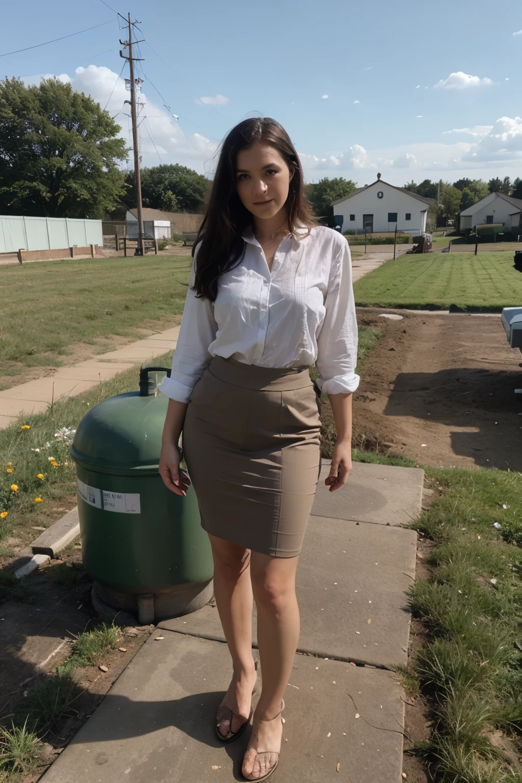 septic system in field and a woman in office clothes standing next to it