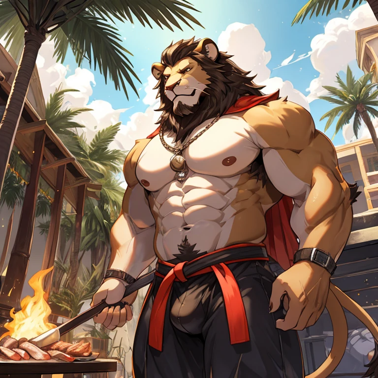 a lion,Martial artist,wave palm,Meat balls,detailed detail
